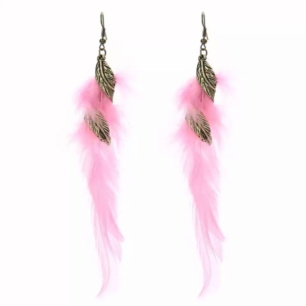 Pink Feather Gold Leaf Tassel Earrings